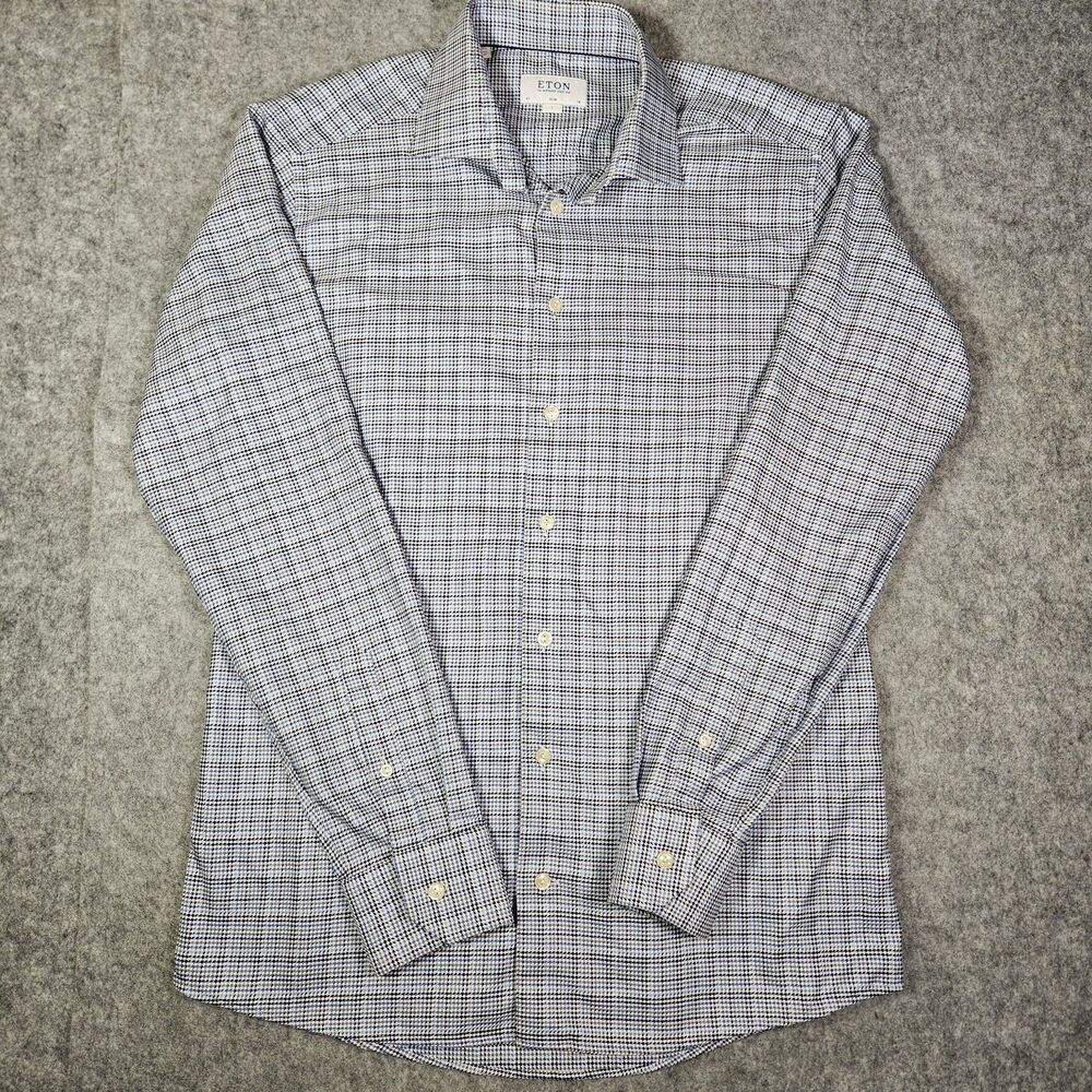 ETON Mens Slim Fit Blue Chevron Plaid Button Up Shirt Quiet Luxury Size L 16-41